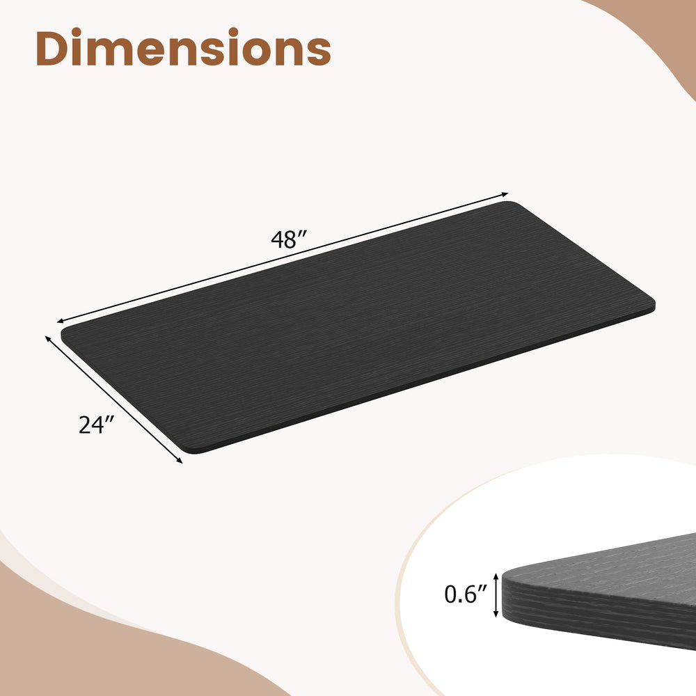 Large 48" x 24" black tabletop for electric standing desk, 0.6" thick for durability, ideal for various work setups.
