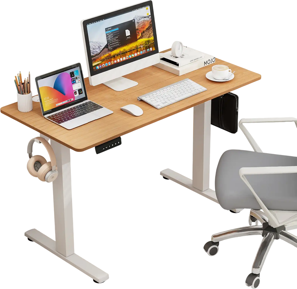 Electric standing desk with natural wood finish, 3 memory height settings, and integrated cable management for a tidy.