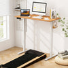 Electric standing desk with natural wood finish, adjustable height, and integrated hooks for a tidy workspace.