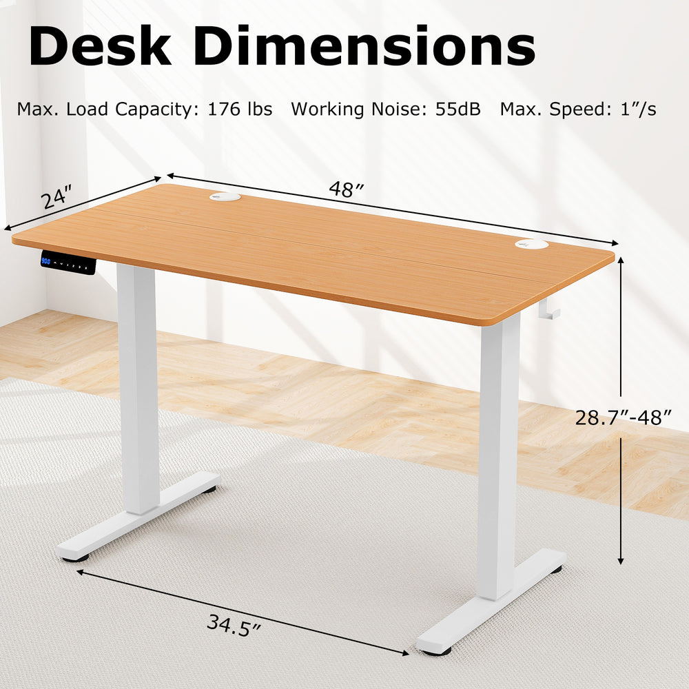 Electric standing desk dimensions showing a natural wood finish, height adjustable from 28.7" to 48" for ergonomic use.