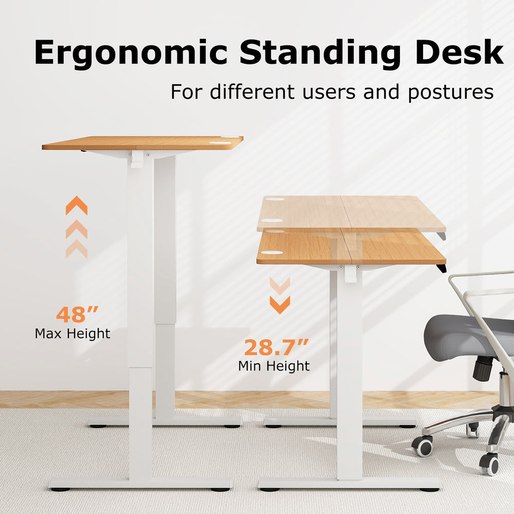 Electric standing desk showcasing adjustable heights of 28.7" to 48", featuring a natural wood finish and ergonomic.
