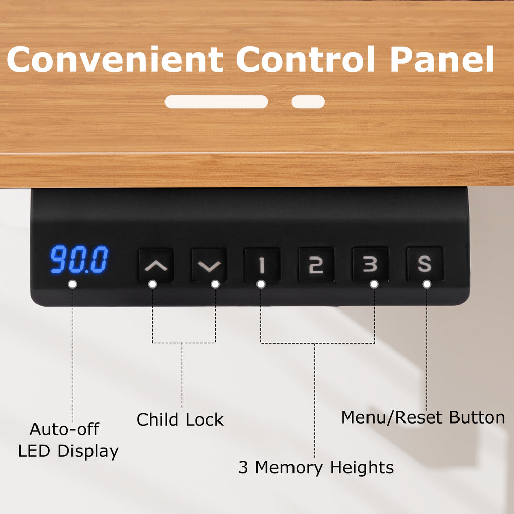 Convenient control panel of the electric standing desk featuring an LED display, 3 memory heights, and child lock.