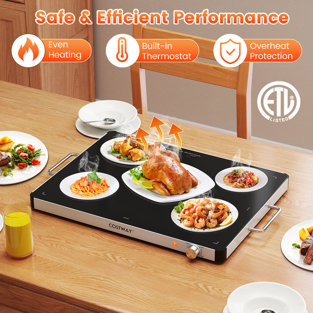 Electric warming food warmer with adjustable temperature control, featuring a tempered glass surface for safe buffet.