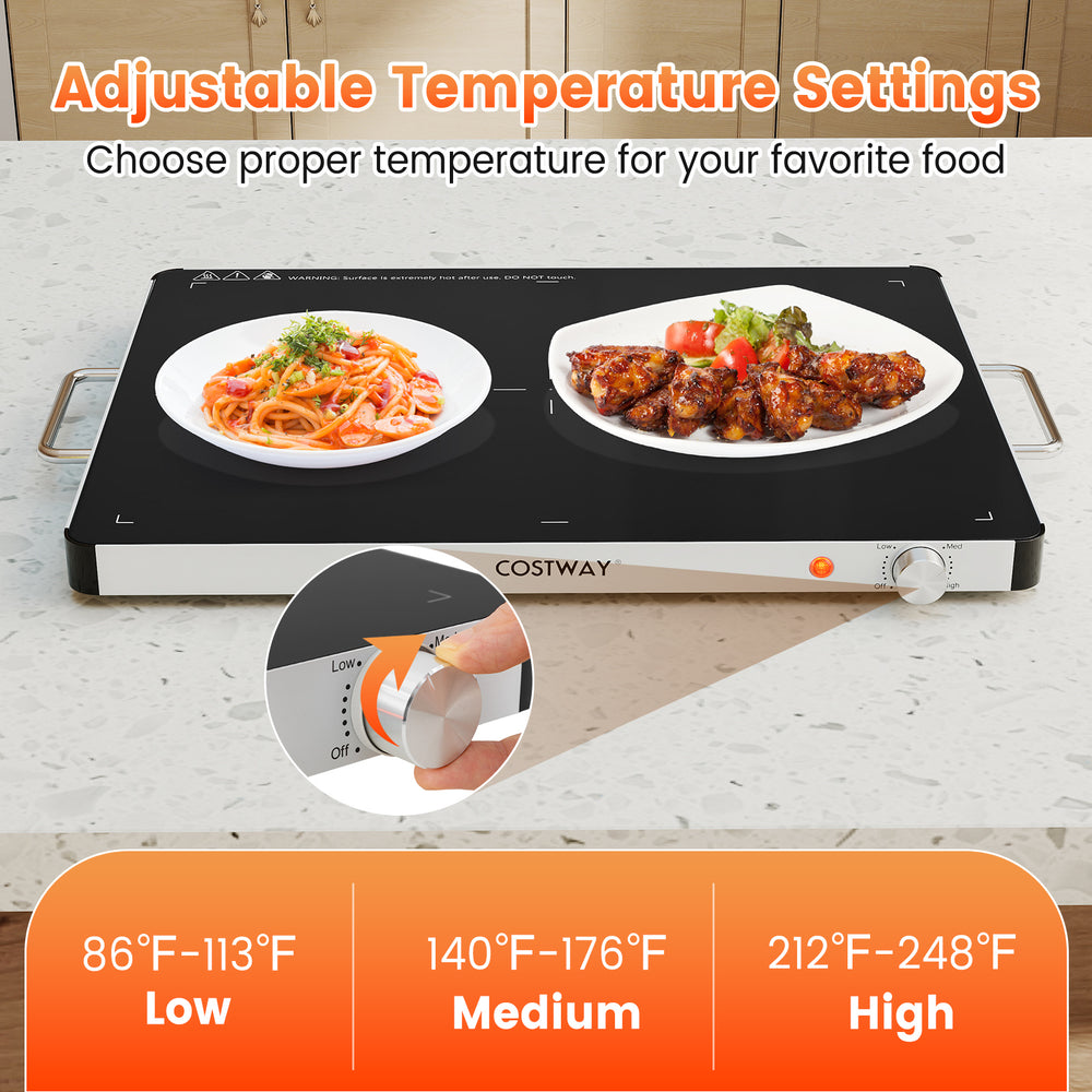 Electric warming food warmer with adjustable temperature control, featuring a smooth glass surface and cool-touch.