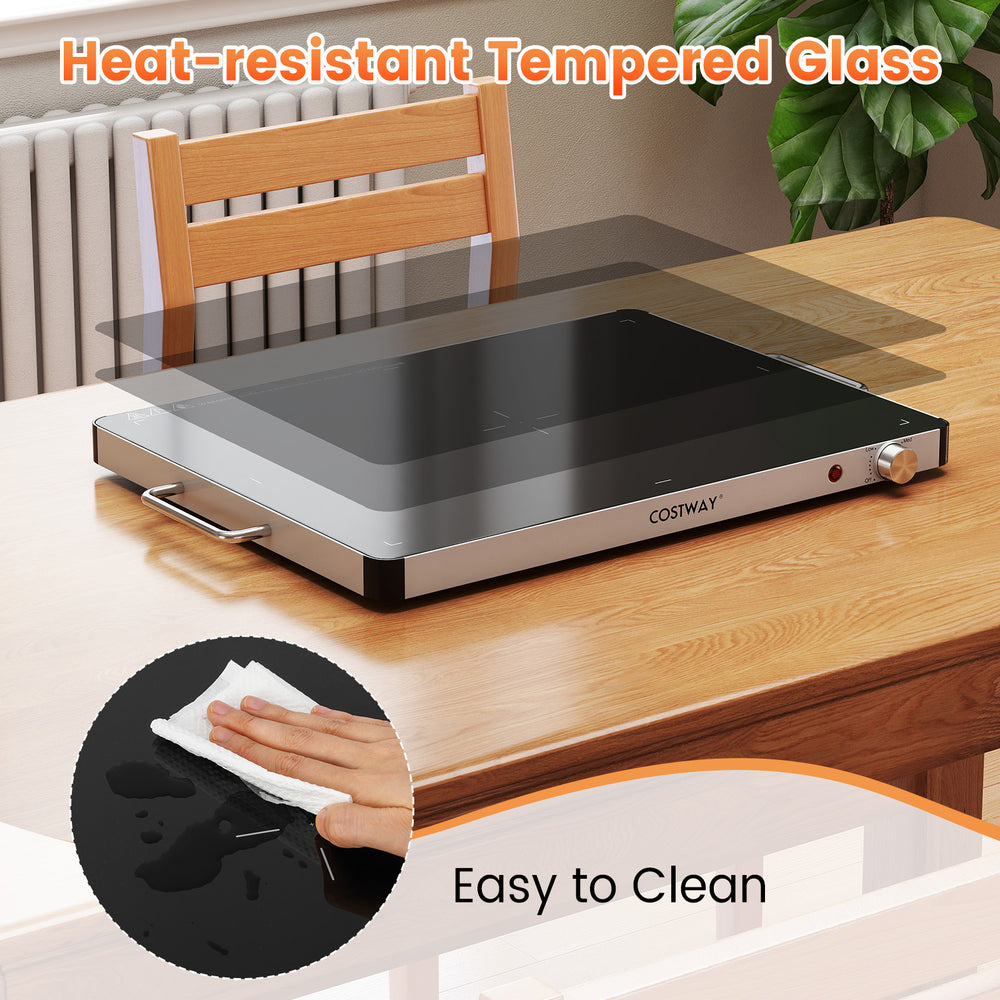 Electric warming food warmer with heat-resistant tempered glass surface, adjustable temperature control, and.