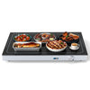 Electric warming tray with adjustable temperature, tempered glass top, and built-in handles for easy serving and.