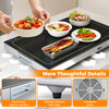 Electric warming tray with adjustable temperature, built-in handles, and a tempered glass top for easy cleaning and.