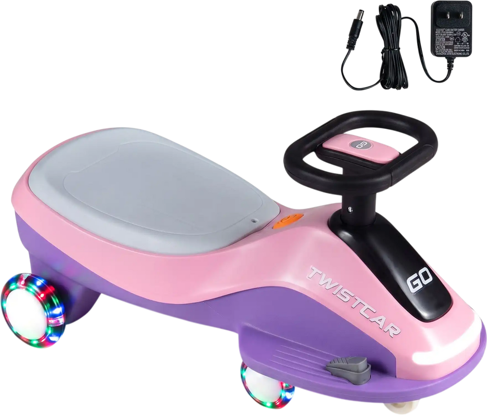 Electric wiggle car in pink and purple with flashing wheels, 360° steering, and music player for kids aged 3+.