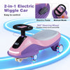 Electric wiggle car in pink and purple features a 360° steering wheel, flashing wheels, and a music player for kids.