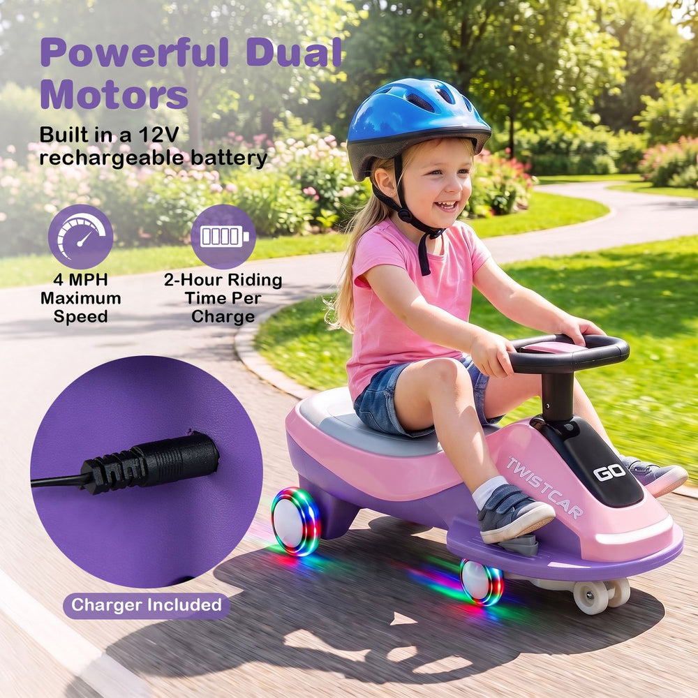 Electric wiggle car in pink and purple features flashing wheels, a 360° steering wheel, and a 12V rechargeable battery.