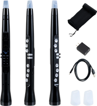 Electronic wind instrument synthesizer in black with 9 touch-sensitive keys, rechargeable battery, and portable design.