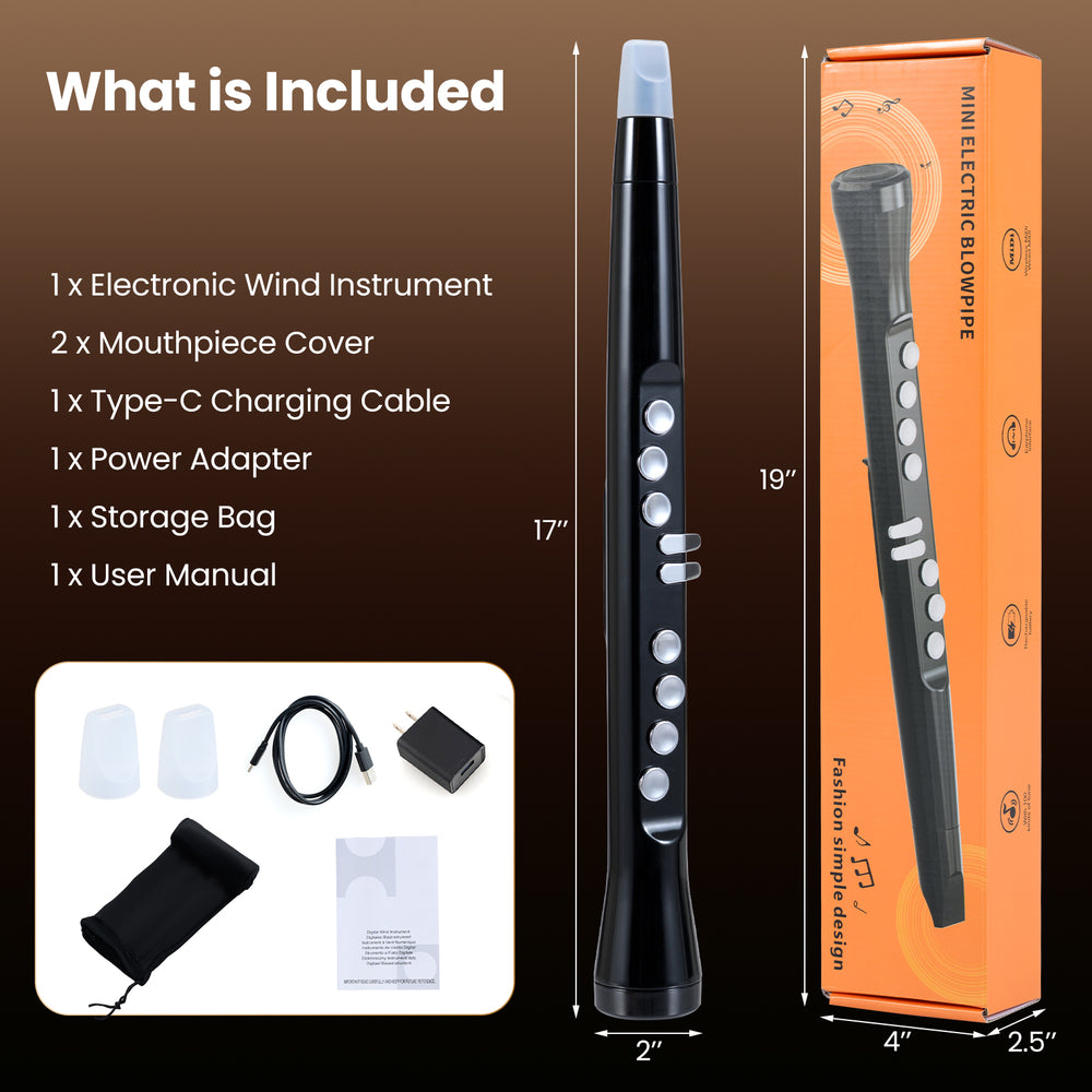 Electronic wind instrument synthesizer in black with touch-sensitive keys, includes mouthpieces and storage bag for.
