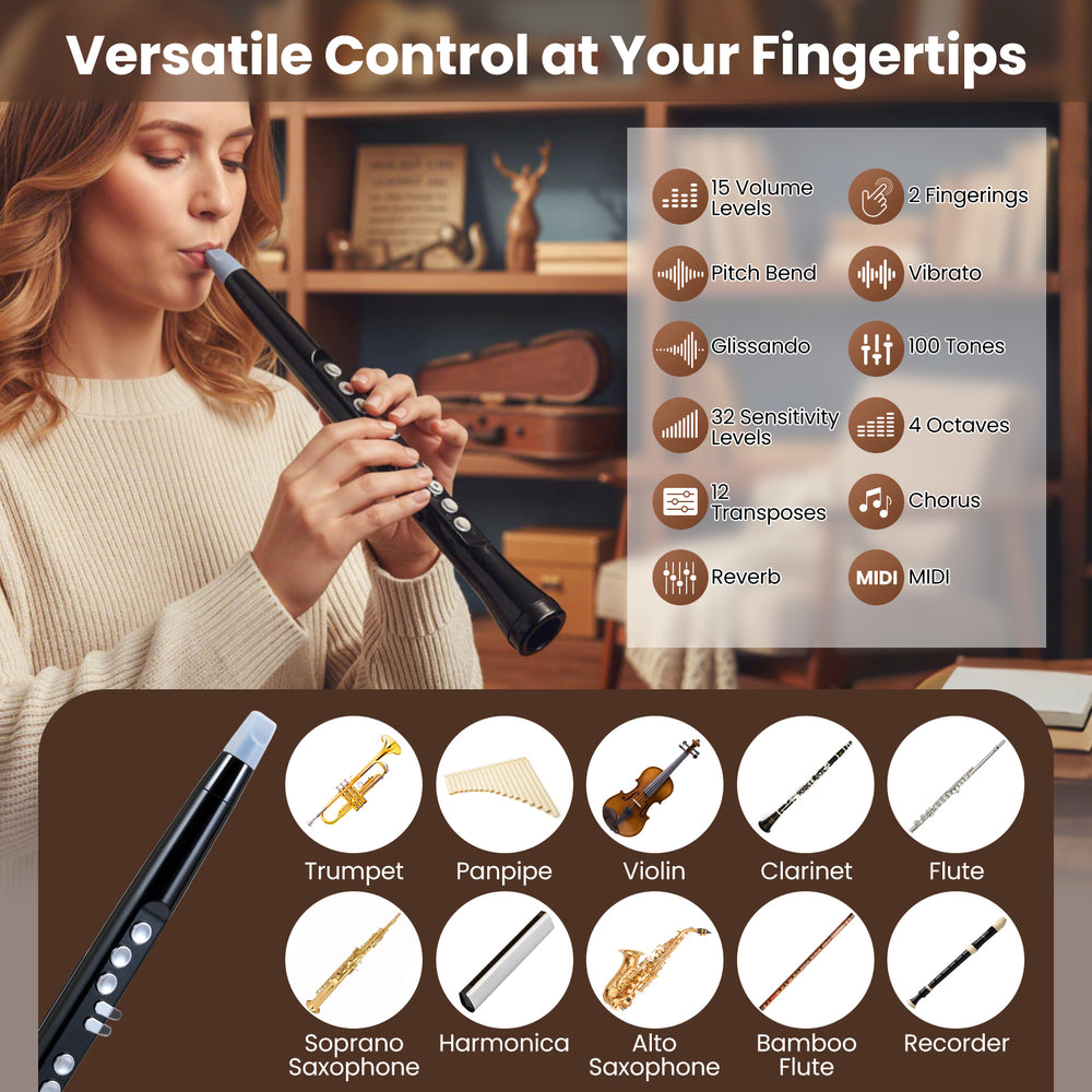 Electronic wind instrument synthesizer in black with 9 touch-sensitive keys for versatile playability and 100 tones.