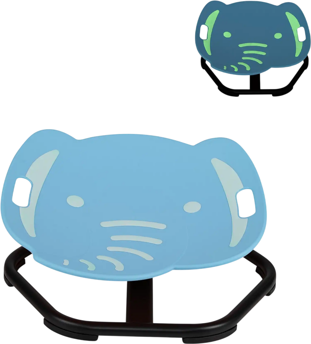 Elephant-shaped spinning chair in blue for sensory play, featuring 360° rotation and dual side handles for secure grip.
