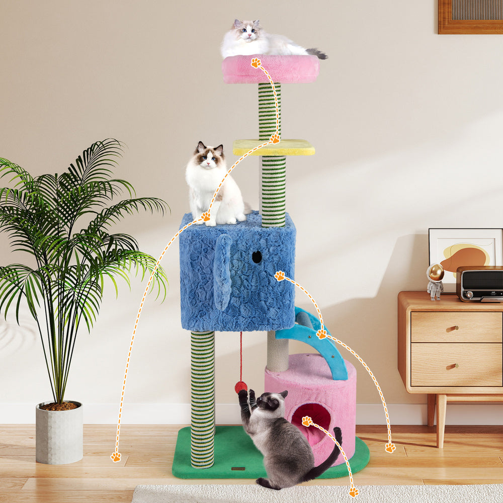 Multi-level elephant themed cat tree in blue with two condos, featuring playful cats and vibrant colors for adult cats.