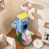 Multi-level elephant themed cat tree in blue with two condos, featuring playful kittens exploring the structure.