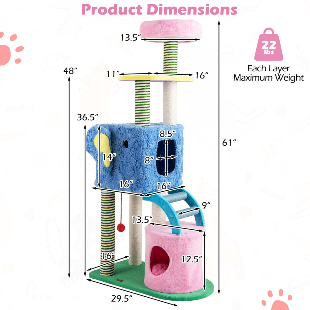 Elephant themed cat tree dimensions showing multi-level design with condos, ideal for adult cats, in blue color.