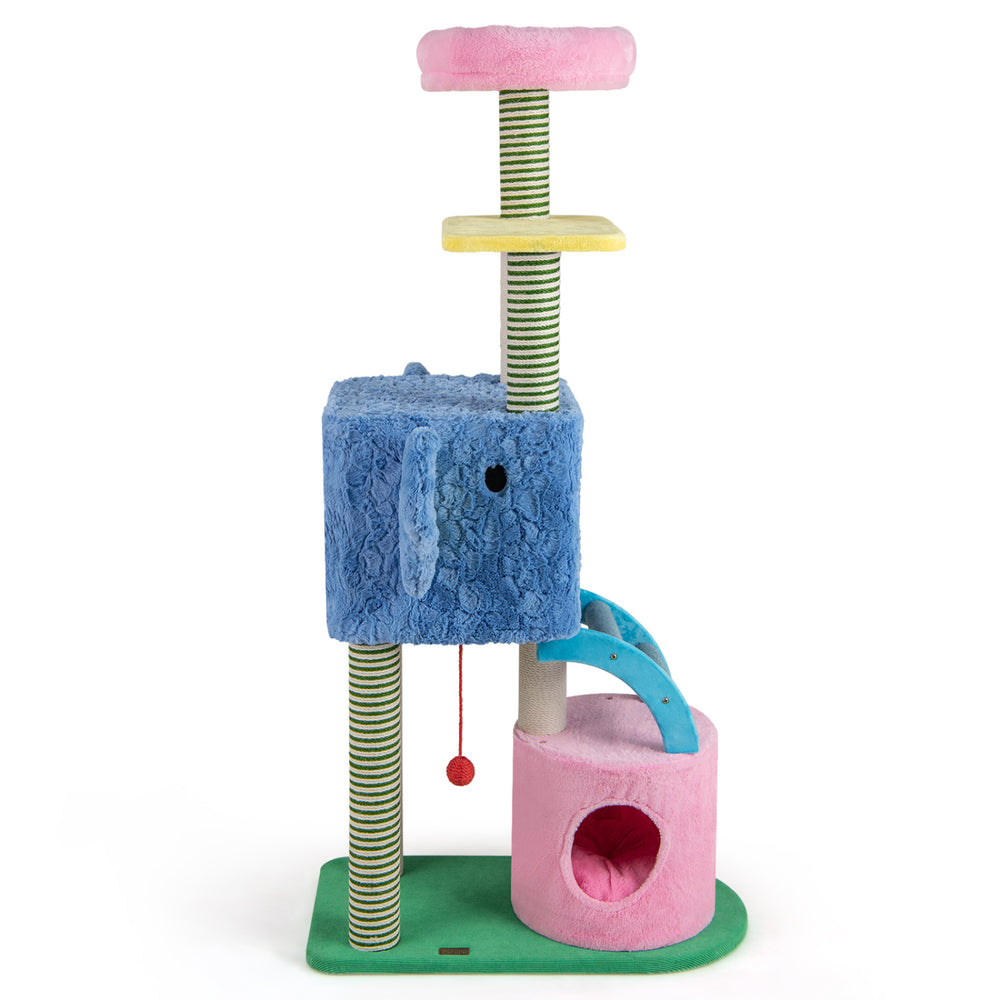 Elephant themed cat tree in blue with multi-level design, two condos, and colorful scratching posts for adult cats.