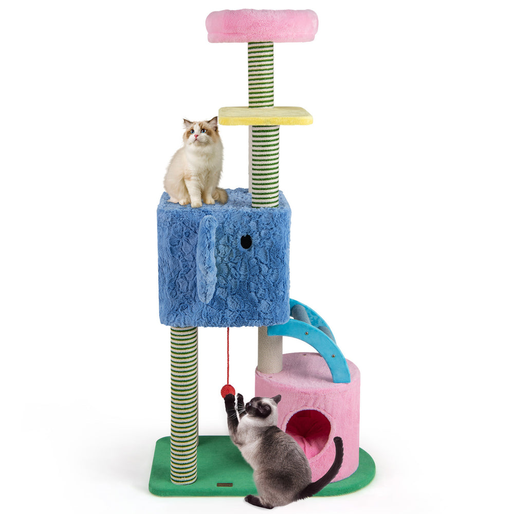 Multi-level elephant-themed cat tree in blue with condos, perfect for adult cats to play and relax.