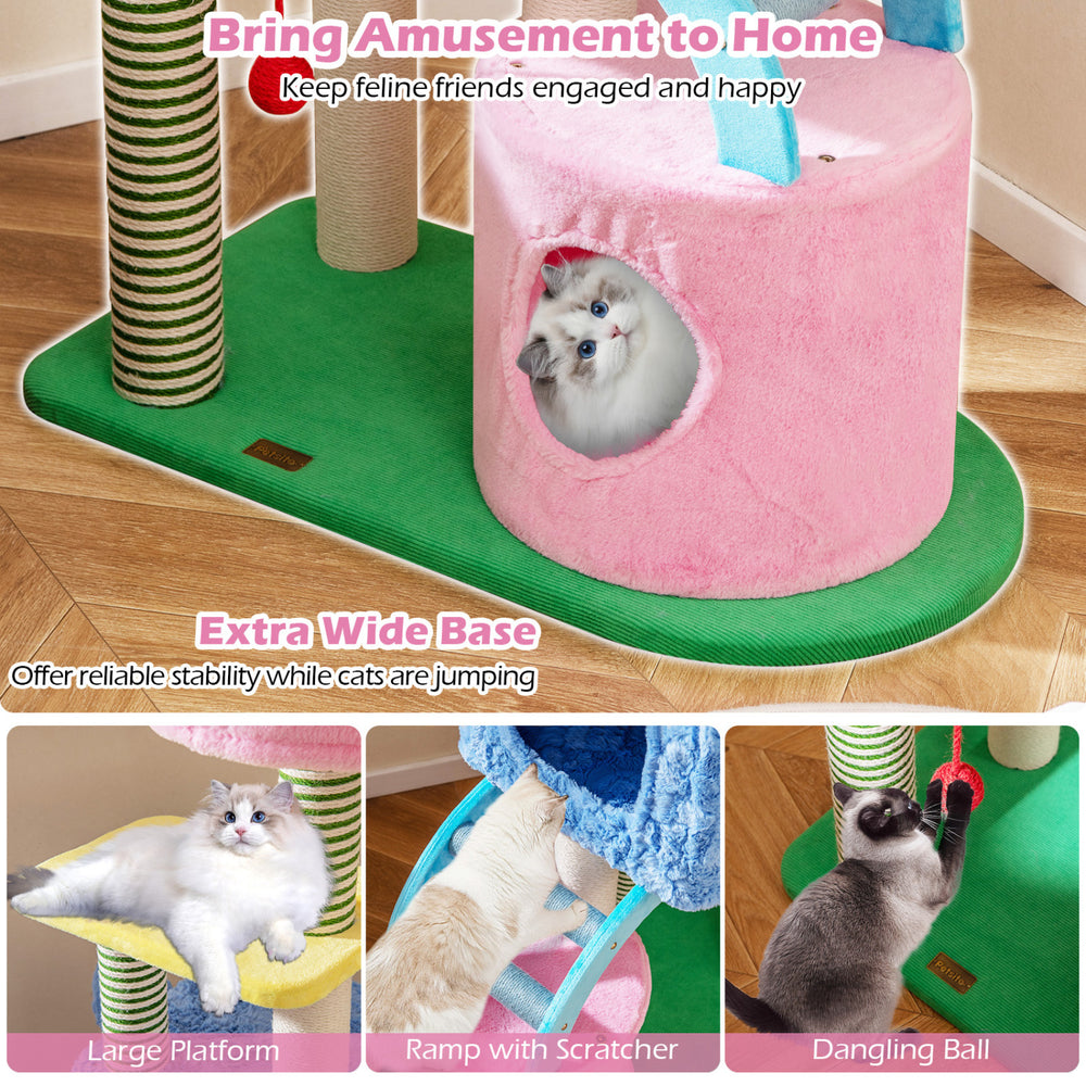 Elephant themed cat tree in blue with two condos, large platform, and dangling ball for adult cats' playtime.