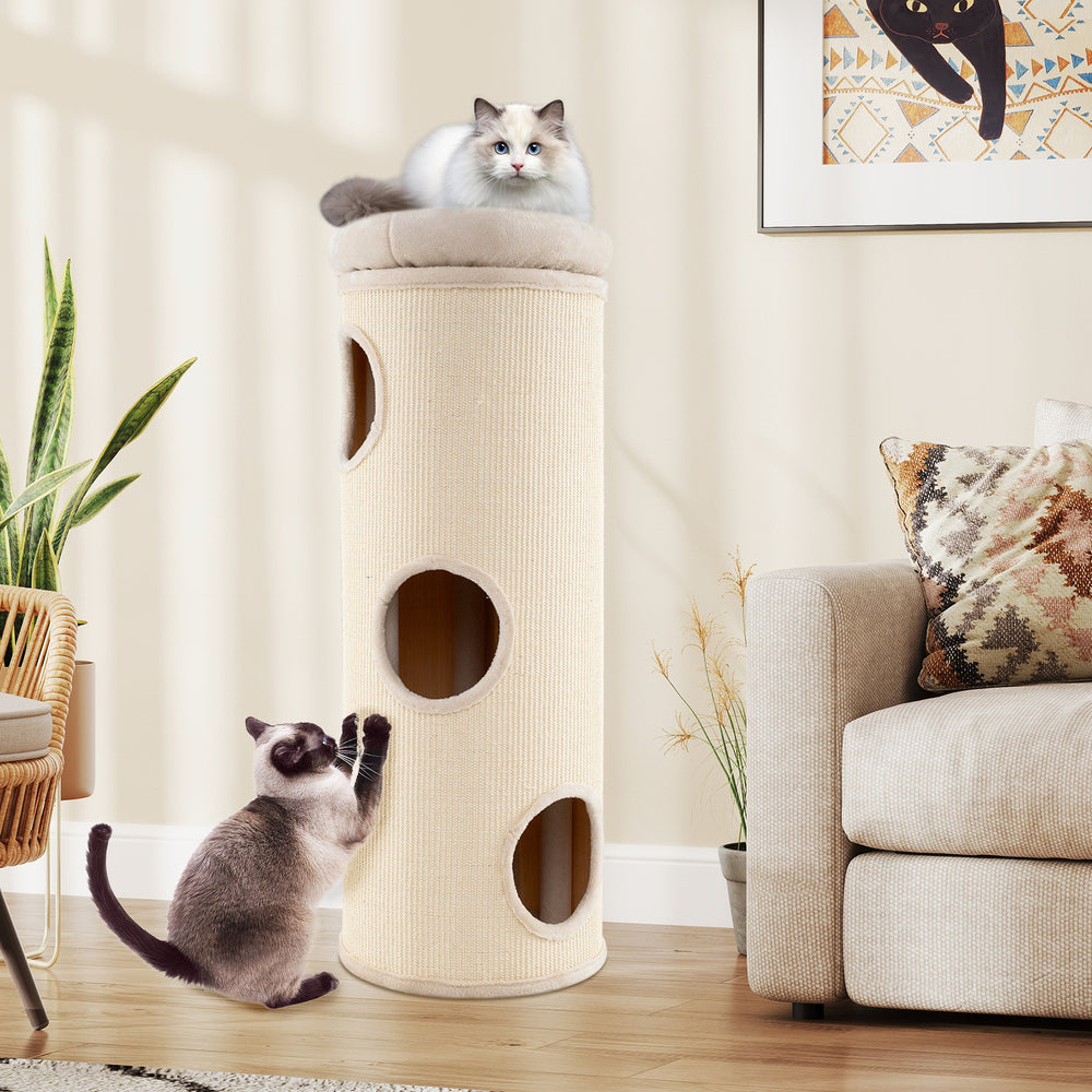 Elevated 49-inch beige cat house with 4 stories, sisal scratching board, and comfy top perch for multiple cats.
