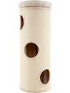 Elevated 49-inch beige cat house with four stories, scratching board, and removable perch for multiple cats.