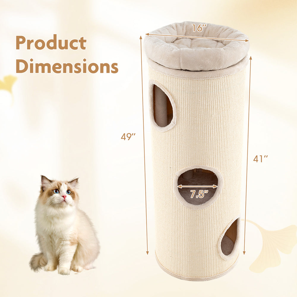 Elevated 49-inch beige cat house with 4 stories, featuring scratching board and removable perch for multiple cats.