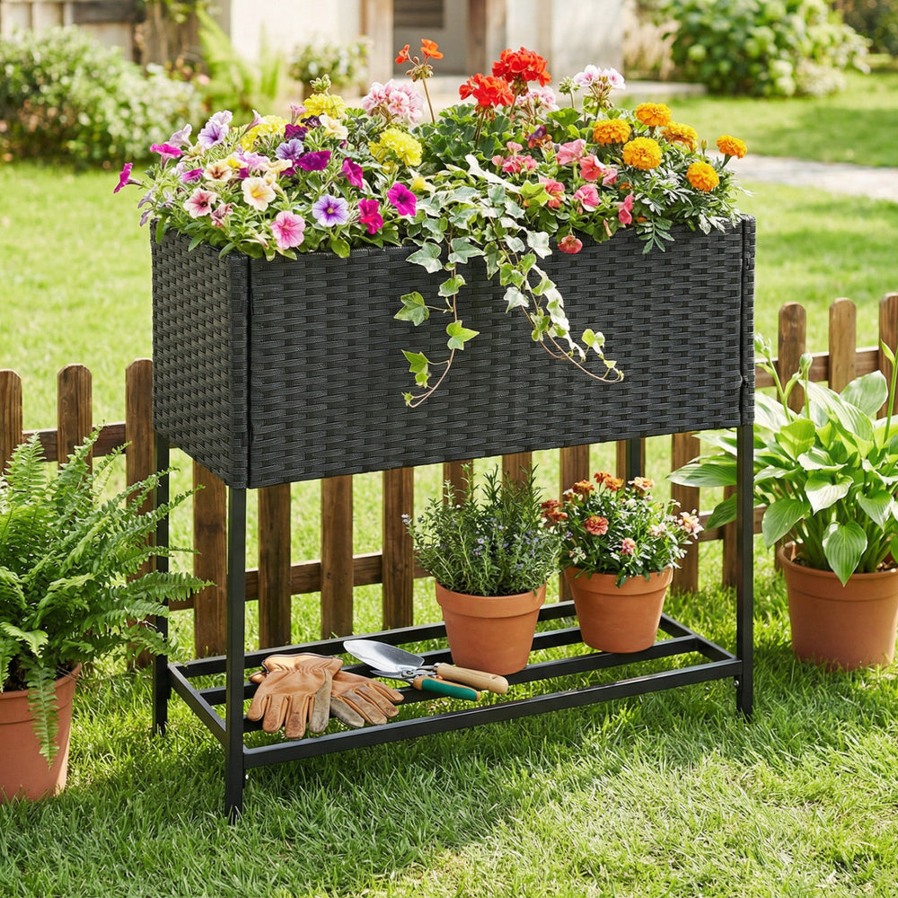 Elevated Garden Planter with Rattan Finish Bottom Shelf-Black - Gallery View 1 of 11