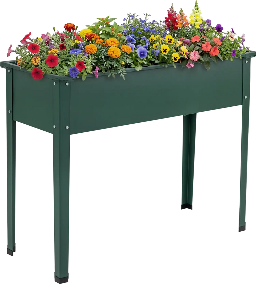 Elevated metal raised garden bed in green, featuring vibrant flowers, designed for easy planting and outdoor use.