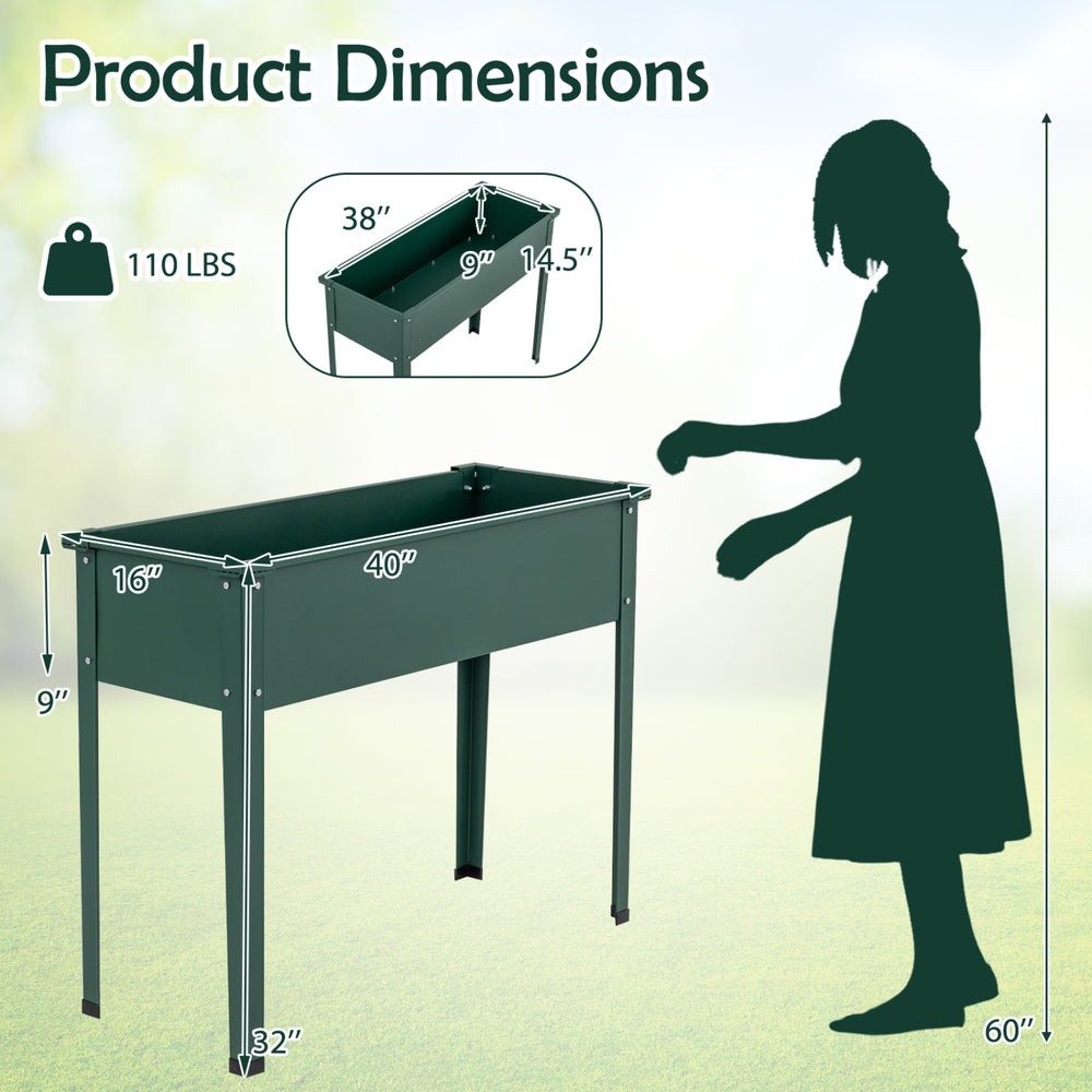 Elevated metal raised garden bed in green, featuring dimensions of 40" x 16" x 32" for easy planting and maintenance.