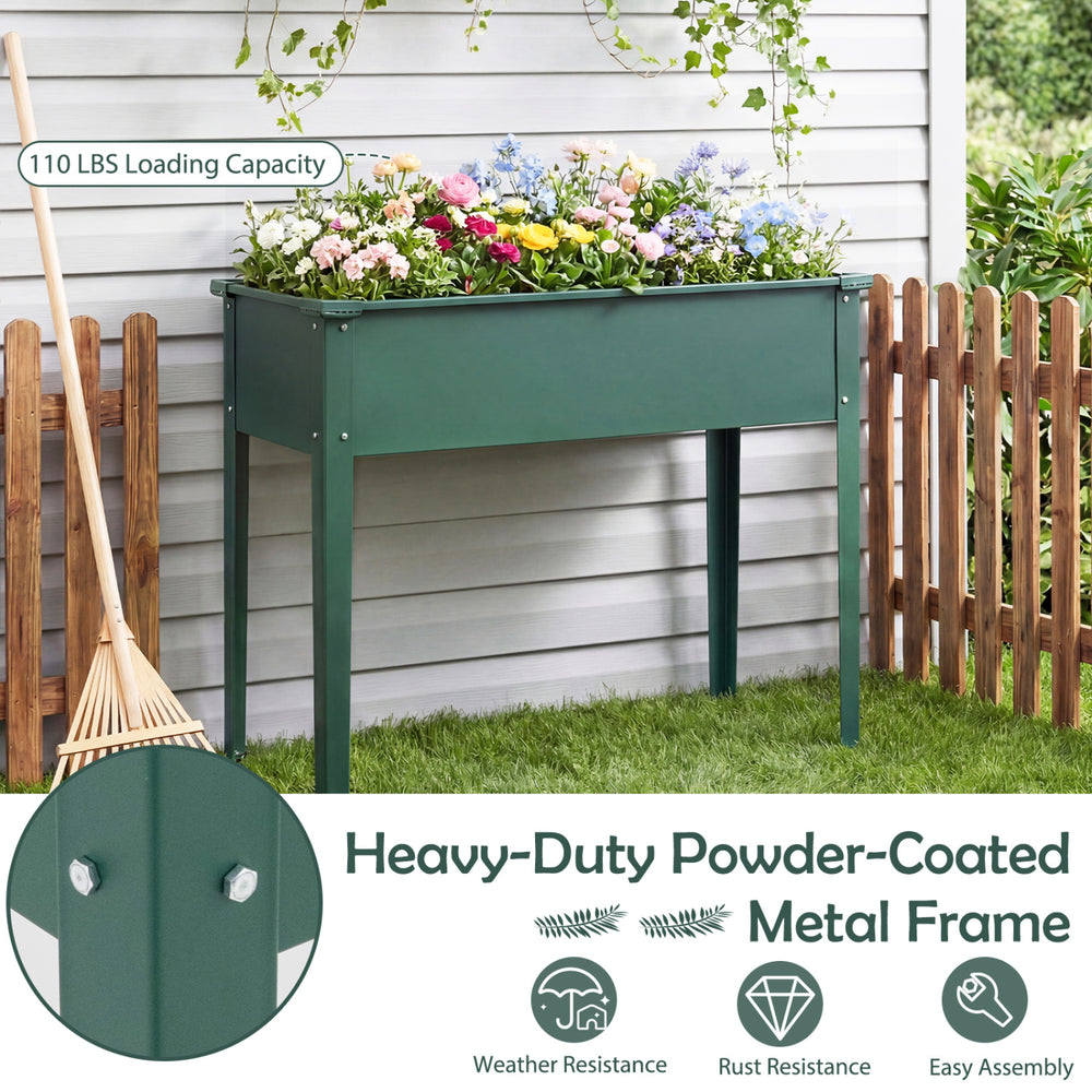 Elevated green metal raised garden bed with legs, featuring drainage holes and a 110 lbs capacity for easy plant.