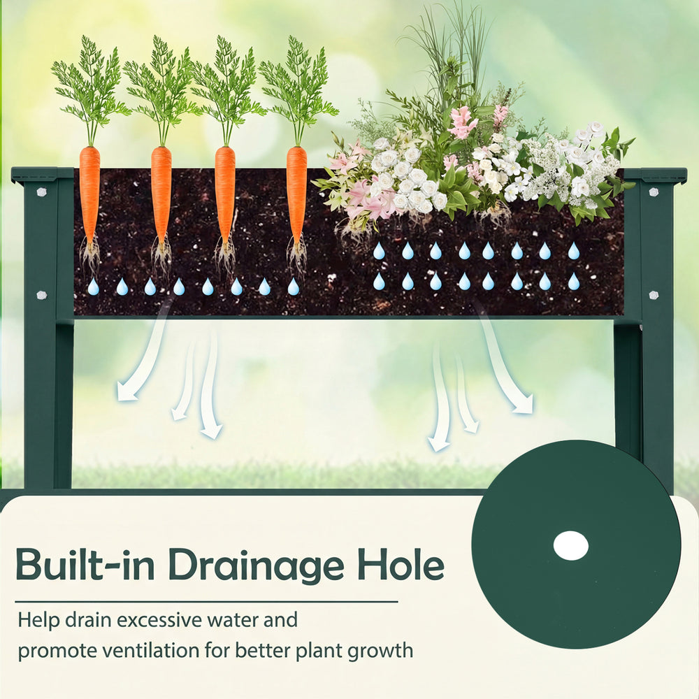 Elevated metal raised garden bed in green with built-in drainage holes, ideal for growing flowers and vegetables.