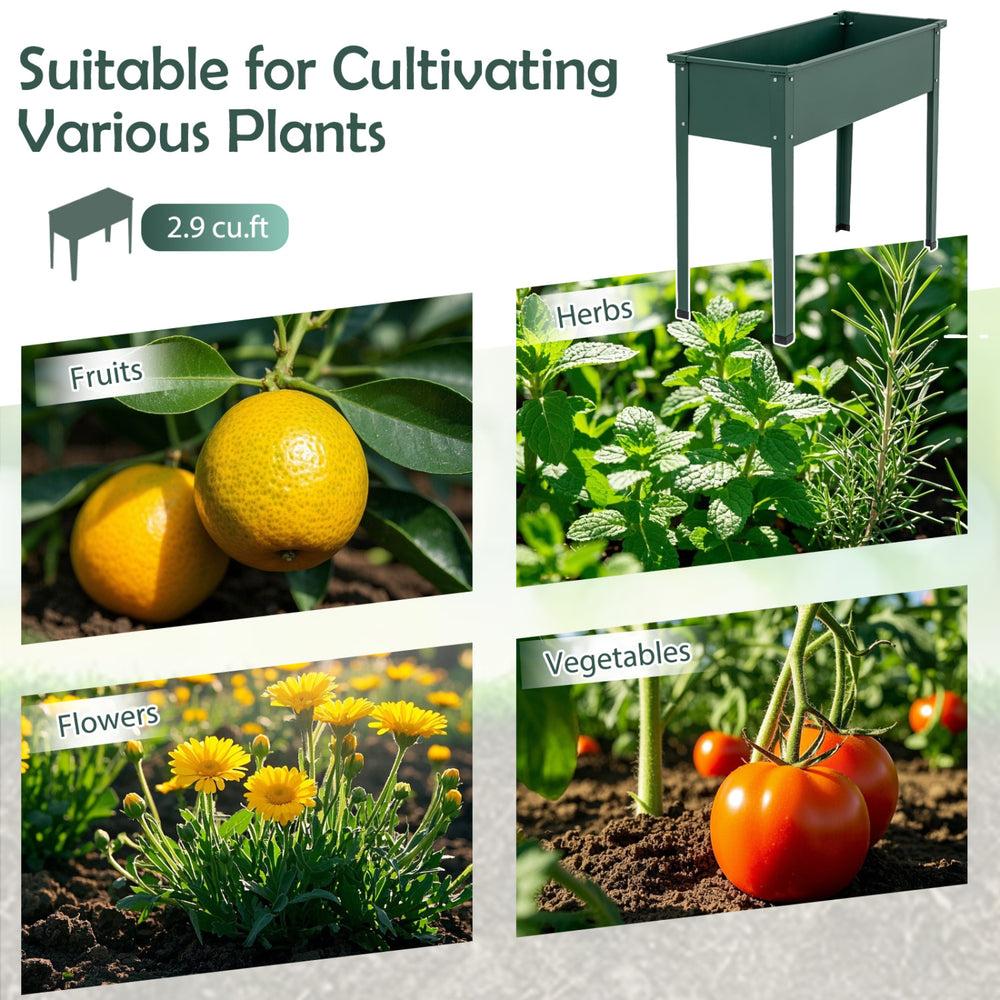 Elevated metal raised garden bed in green, ideal for growing fruits, herbs, flowers, and vegetables with drainage holes.