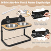 Elevated pet feeder with two stainless steel bowls, adjustable height, and a white marker pen for name tags and feeding.