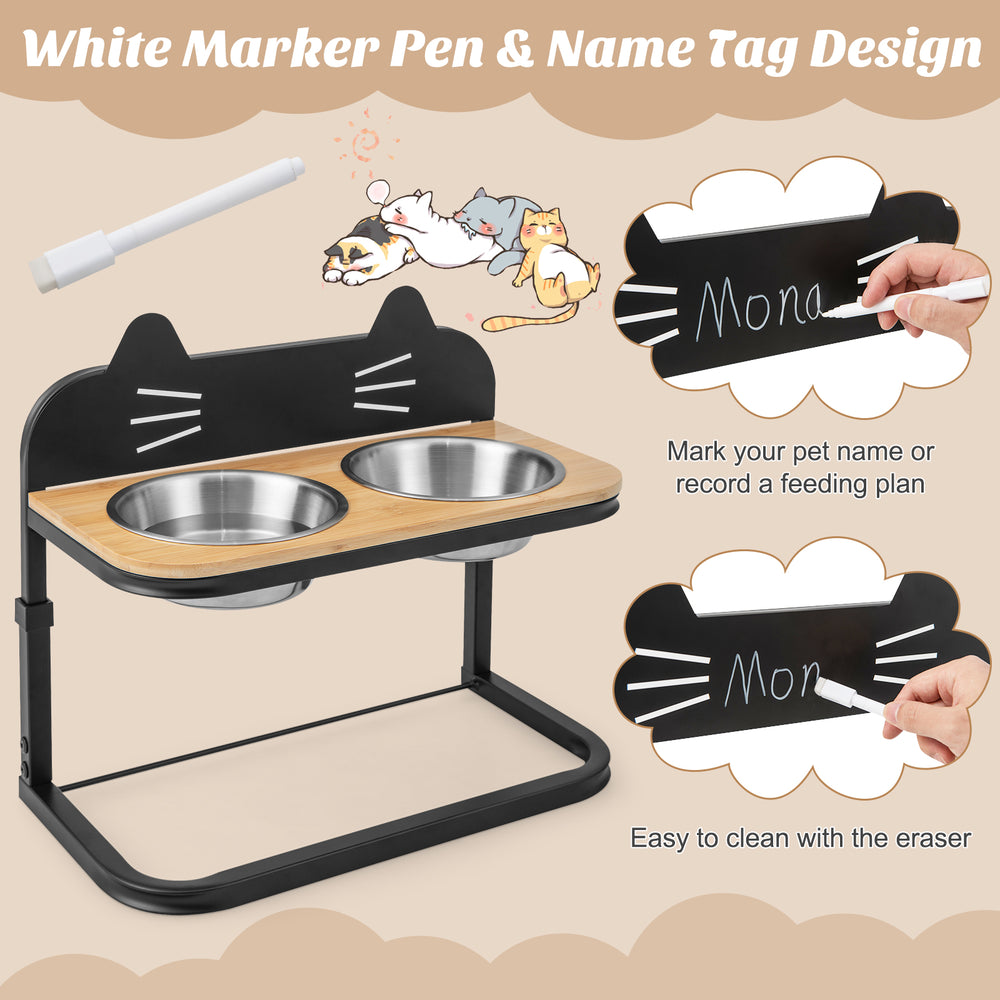 Elevated pet feeder with two stainless steel bowls, adjustable height, and a white marker pen for name tags and feeding.