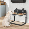 Elevated pet feeder featuring a sturdy L-shaped metal rack and two stainless steel bowls for cats and small dogs.