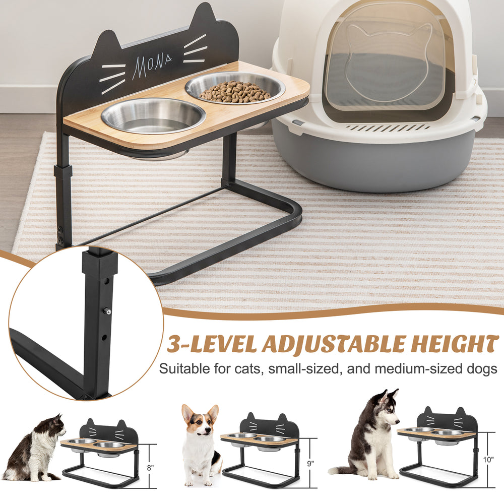 Elevated pet feeder with 2 stainless steel bowls, adjustable height for cats and small to medium dogs, made of bamboo.