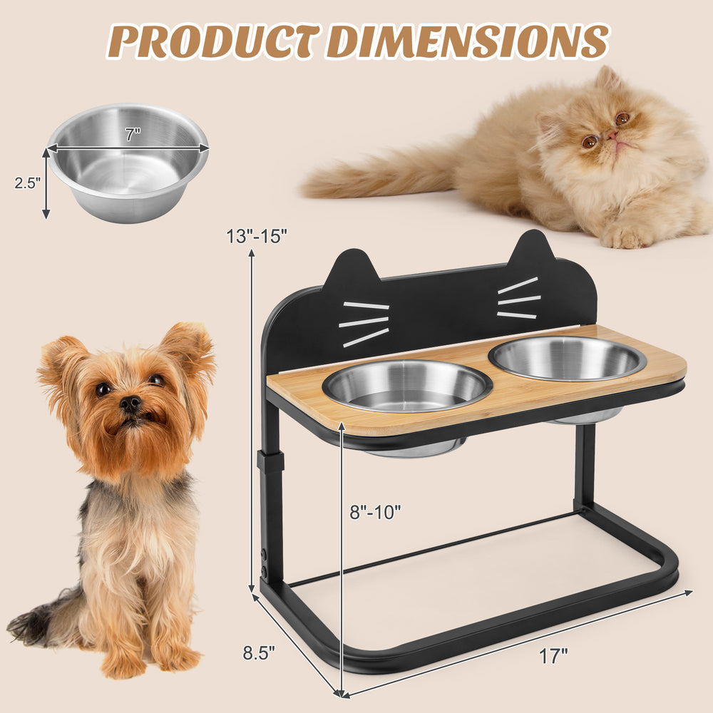 Elevated pet feeder with two stainless steel bowls, adjustable height, and natural bamboo for comfortable feeding.