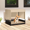 Elevated wicker dog house for small to medium breeds with removable cushion, suitable for indoor and outdoor use.