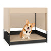 Elevated wicker dog house in black with removable cushion, suitable for small to medium breeds, ideal for indoor or.