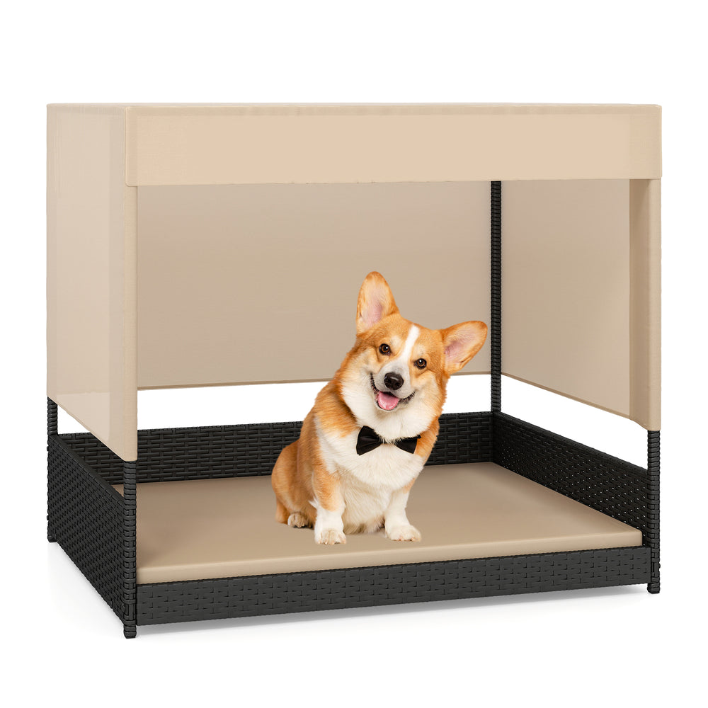 Elevated wicker dog house in black with removable cushion, suitable for small to medium breeds, ideal for indoor or.