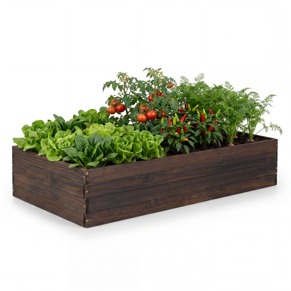 Spacious elevated wooden garden planter box with fir wood construction, ideal for growing vegetables and herbs outdoors.