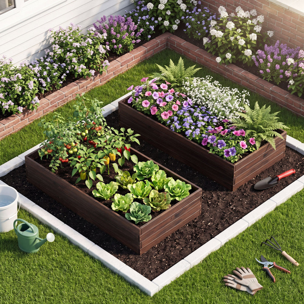 Spacious elevated wooden garden planter box kit with vibrant flowers and vegetables, ideal for outdoor spaces.