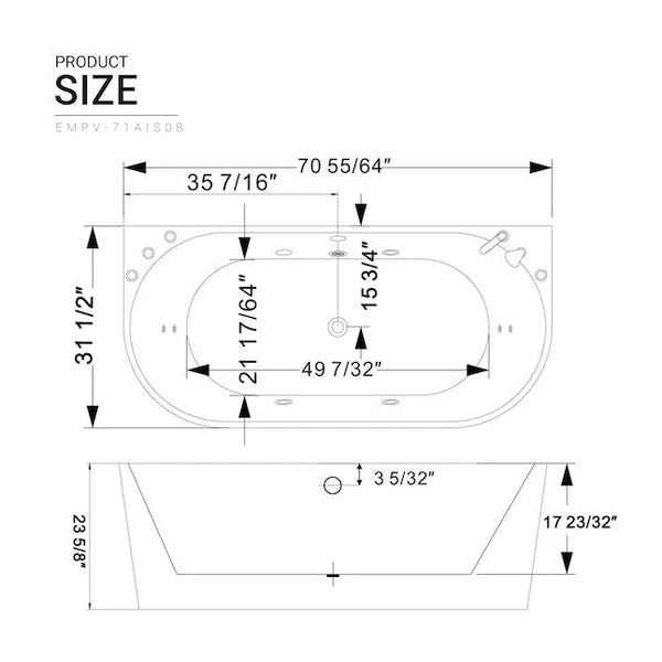 Empava Bathtub 71" Freestanding Hydro Massage Whirlpool with Center Drain New