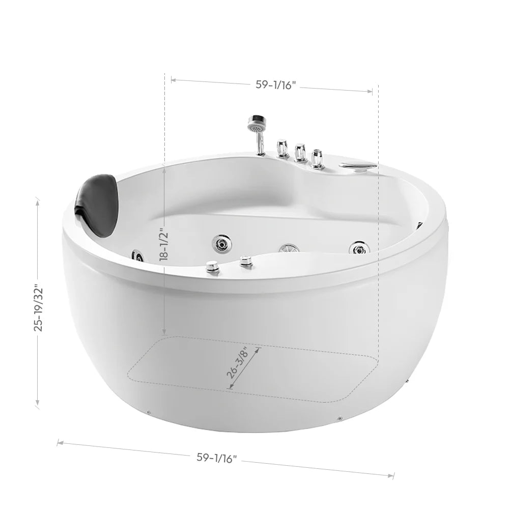Empava Bathtub 59" Freestanding Round Whirlpool Acrylic with Right Drain New