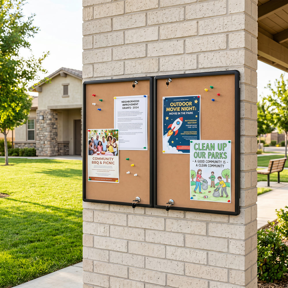 Enclosed bulletin board with aluminum frame and felt surface, ideal for displaying community notices outdoors.