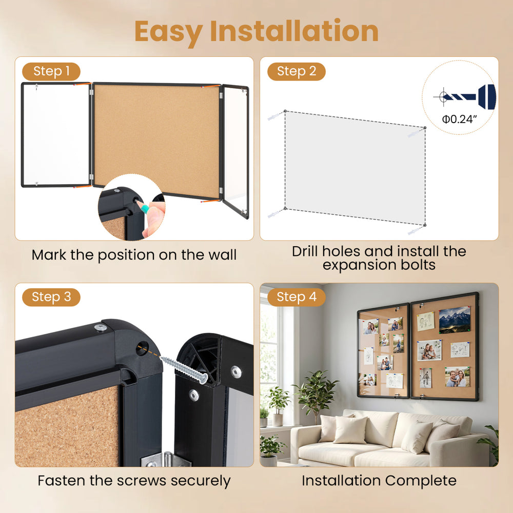 Enclosed bulletin board with aluminum frame and felt surface, featuring double doors for convenient display in offices.