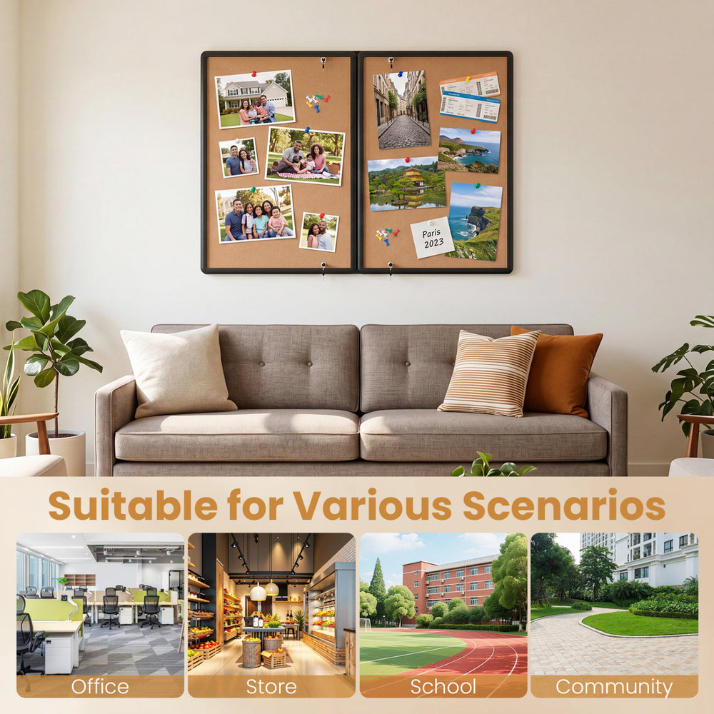 Enclosed bulletin board with aluminum frame and felt surface, ideal for displaying notes in office, school, or community settings.
