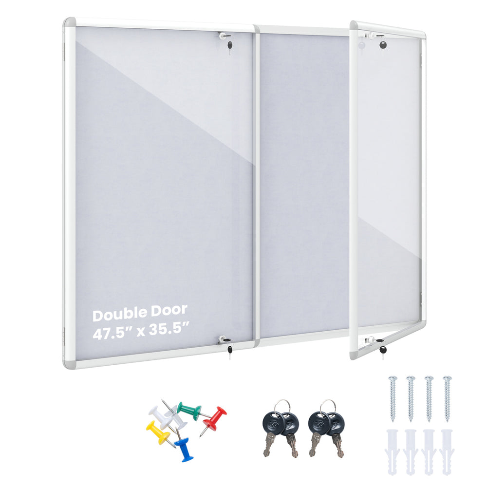 Lockable cork notice board with aluminum frame, double doors, and grey felt surface for secure item display.