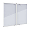 Lockable cork notice board with aluminum frame features double doors and grey felt surface for secure item display.